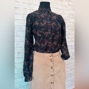 It’s Gailord Vintage Black Botanical Print High Collar Button Up Blouse